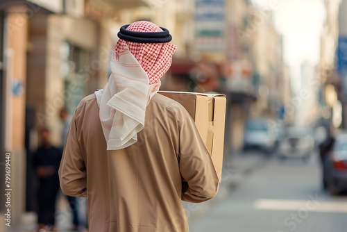 A arabic man wearing a Saudi bisht, carrying an order box, which will be sent to the customer's house. photo