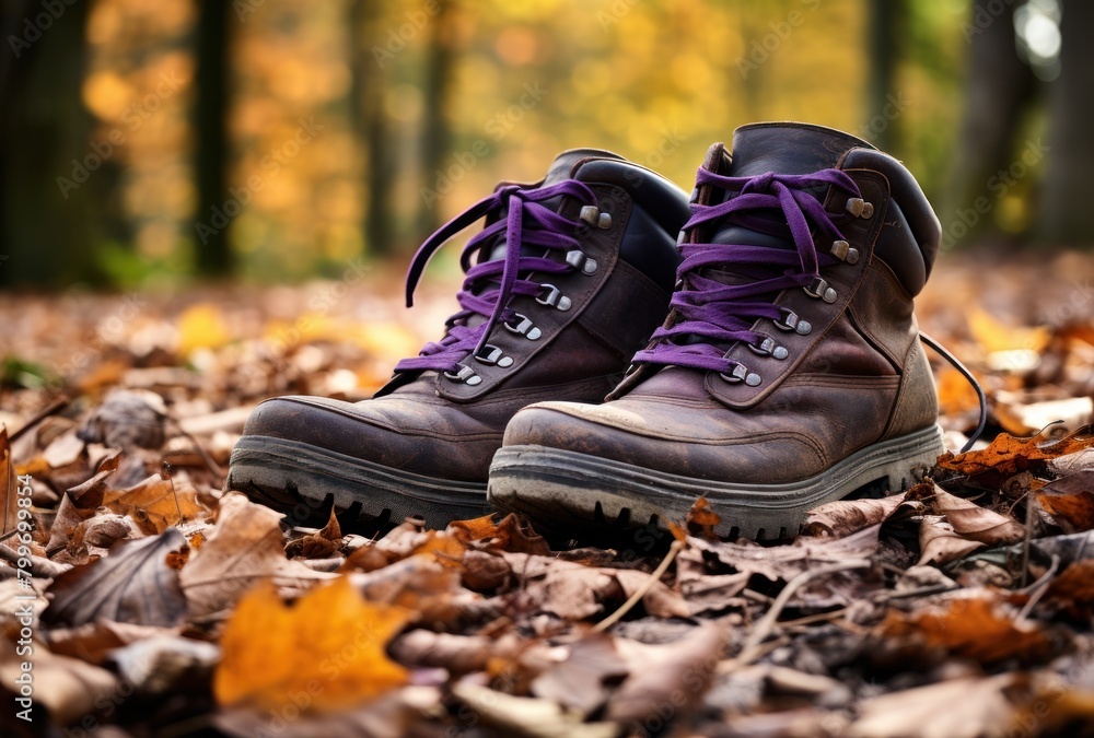 Hiking boots in autumn forest Hiking boots in autumn forest
