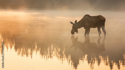 At the edge of a misty lake a moose silhouette pauses to take a drink its reflection visible in the calm water.. photo