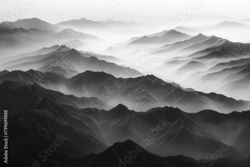 Aerial view of layered patterns of mountain ridges receding into the distance, with their alternating light and shadow creating a minimalist composition. #799699888