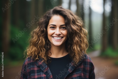 Smiling woman with curly hair in a forest