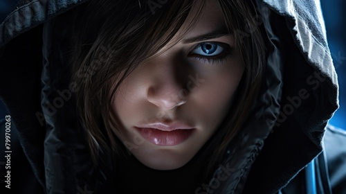 Mysterious hooded figure with piercing blue eyes