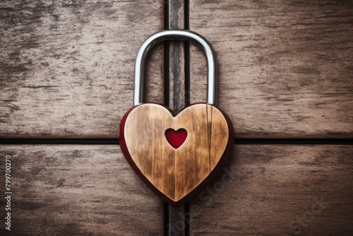 Wooden heart-shaped lock on a rustic wooden background