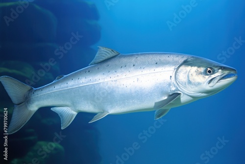 Closeup of a silver fish swimming in blue water
