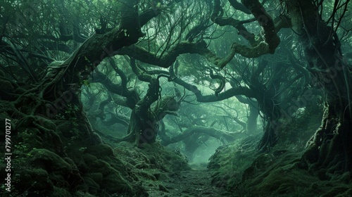 Beyond the veil of tangled vines and gnarled roots lies a world of wonder and danger. The trees themselves seem to come alive whispering . . photo
