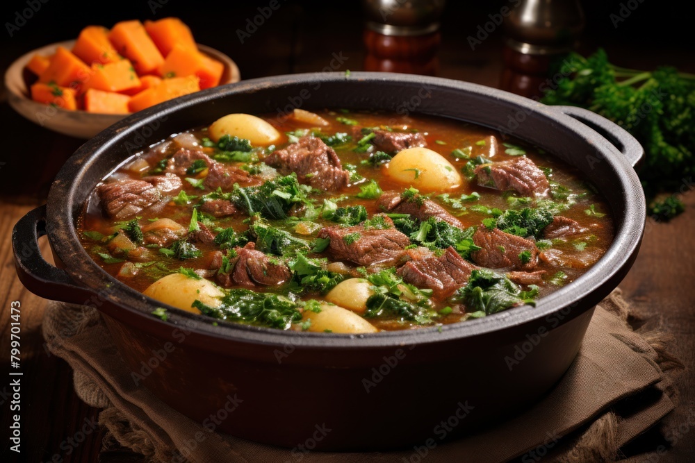 Hearty beef and vegetable stew in a cast iron pot
