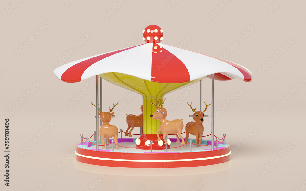 Carousel or merry go round with deer isolated on pink background. 3d render illustration Carousel or merry go round with deer isolated on pink background. 3d render illustration