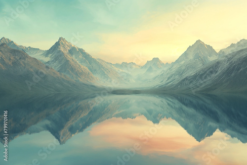 Beautiful mountains that are reflected in the lake at sunrise. Landscape with lake and green sky