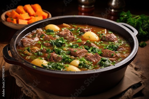 Hearty beef and vegetable stew in a cast iron pot