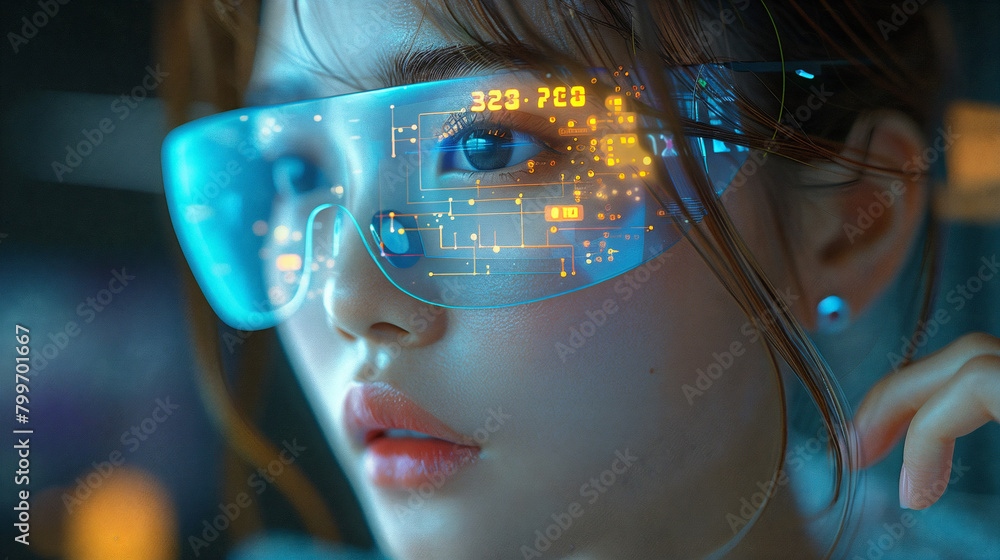 fresh face of a beautiful woman wearing smart glasses, show digital information on smart glasses. fresh face of a beautiful woman wearing smart glasses, show digital information on smart glasses.