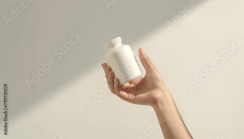 A person is holding a white pill bottle in their hand