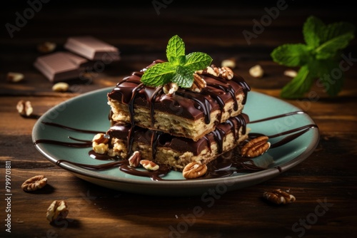 Decadent chocolate dessert with mint garnish