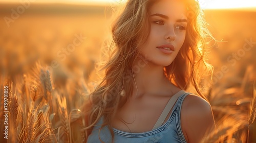 Golden Hour Peace: Woman in Wheat Field at Sunset