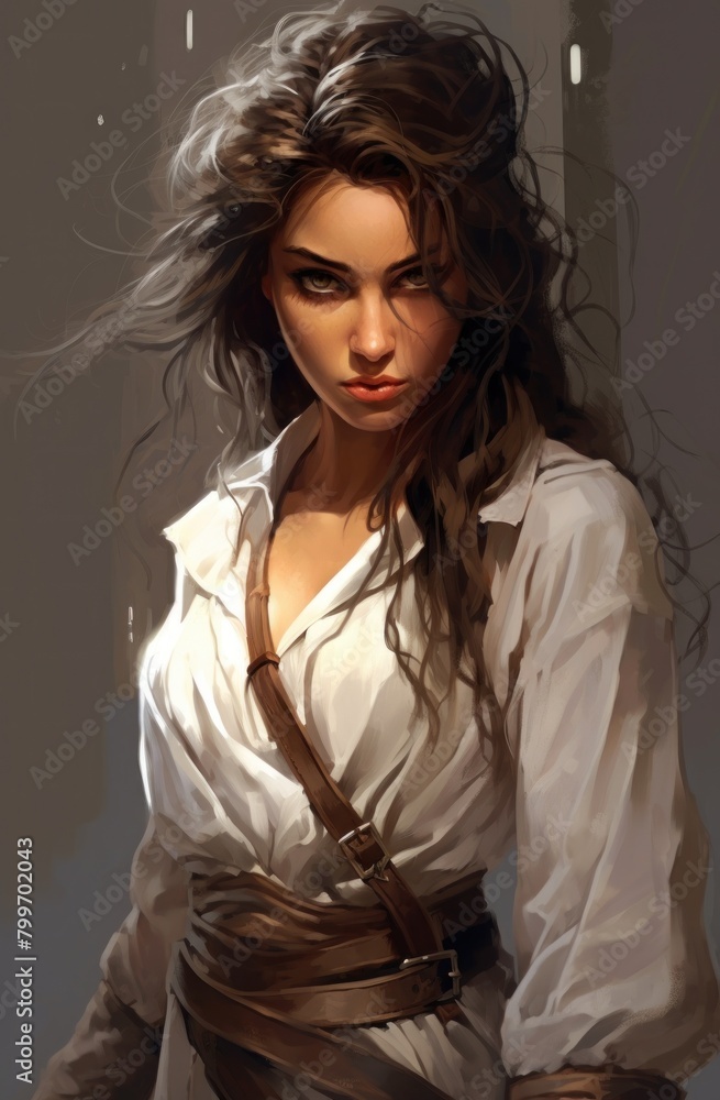 Mysterious and alluring woman in white blouse