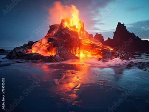Dramatic volcanic eruption at sunset