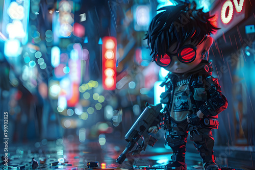 16k render of Blind Box style, mechanized Tokyo gangster, full body, glossy effect, cyberpunk city, chibi, neon colors, Tokyo cyberpunk.