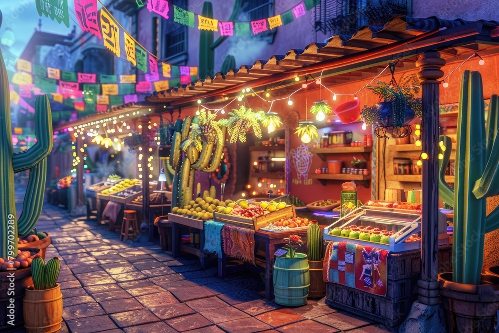Tantalizing Tacos Cactus Themed Street Food Market in Mexico with Lively Atmosphere