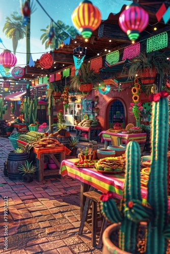 Mexican Street Eats Cactus Themed Market with Tacos and Lively Atmosphere © GOLVR