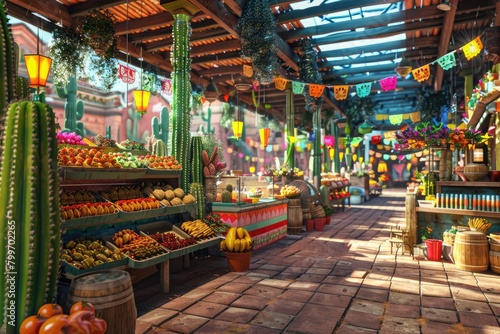 Fototapeta Naklejka Na Ścianę i Meble -  Mexican Delights Cactus Themed Street Food Market with Tacos and Lively Atmosphere