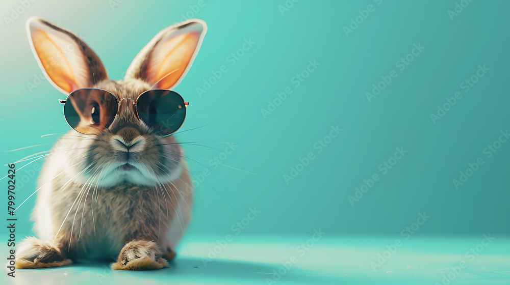 Playful bunny with sunglasses striking a pose on a turquoise surface