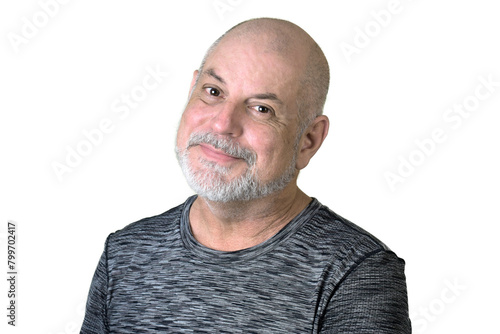 portrait adult man bald white beard face expression happy thoughtful male model gentleman in black clothes image.