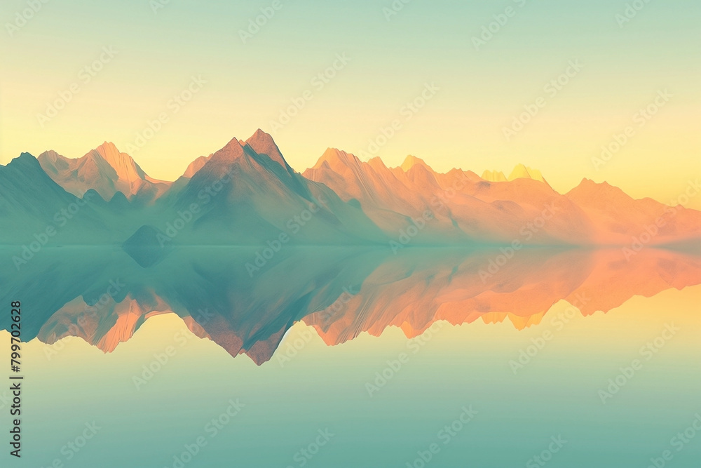 Beautiful mountains that are reflected in the lake at sunrise. Landscape with lake and green sky