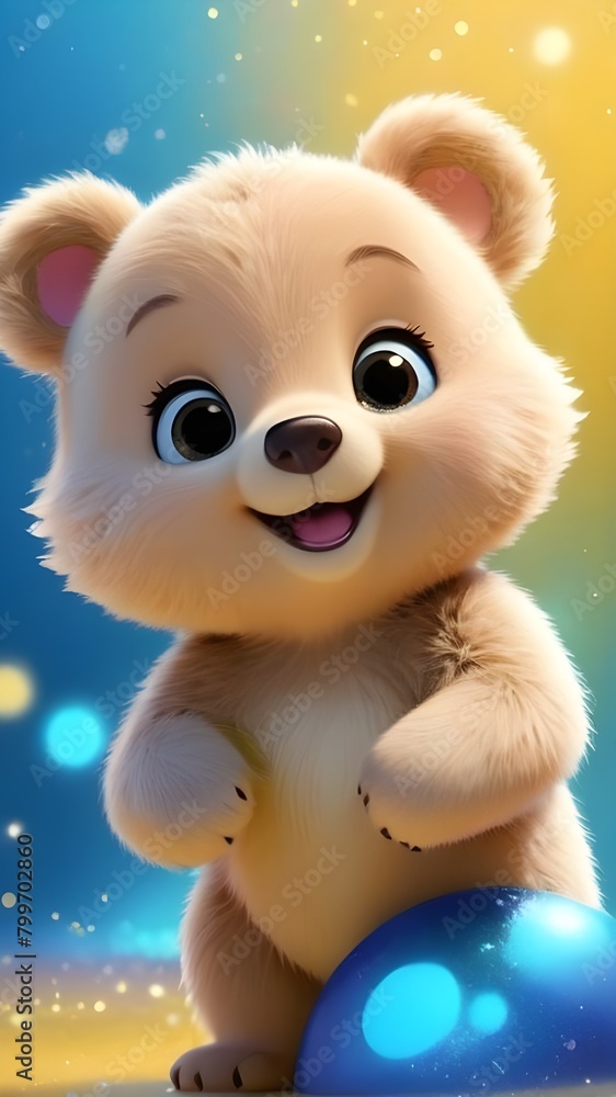 Fototapeta premium Cute baby bear in beautiful sparkling colourful background wallpaper, Mobile wallpapers of cute teddy bear, baby bear wallpaper, Cute animals
