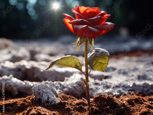 Vibrant Red Rose Blooming in Soil