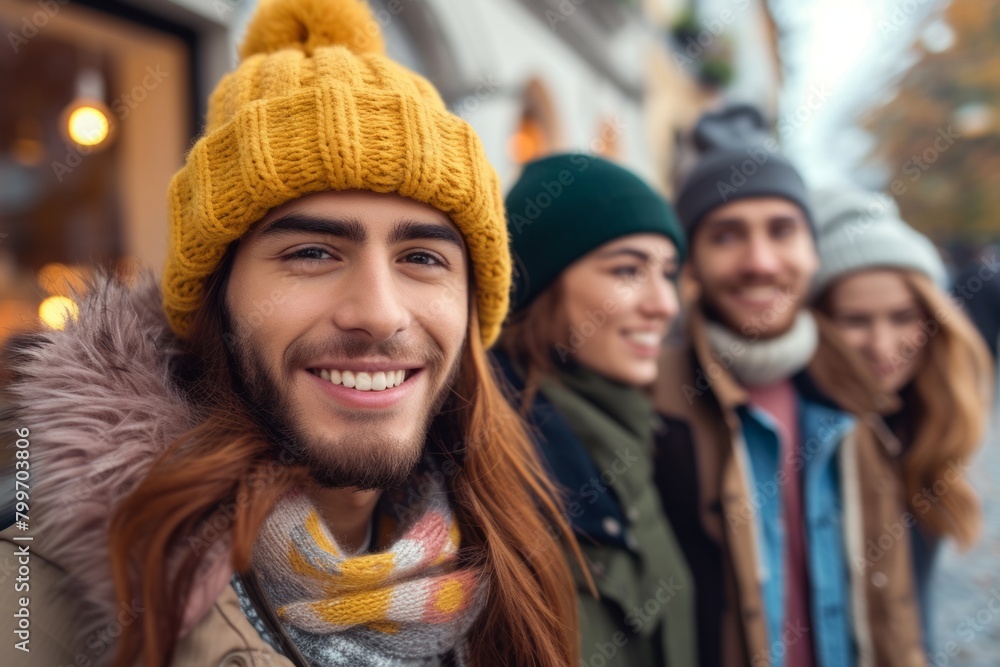 happy friends in hats and scarfs walking on street in autumn city happy friends in hats and scarfs walking on street in autumn city