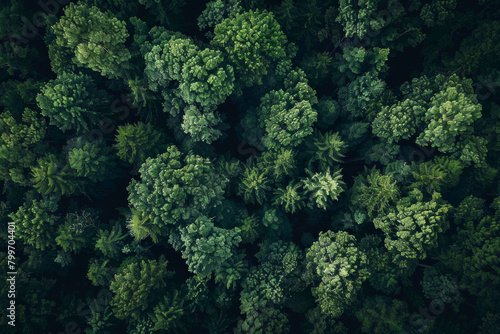Aerial view of the intricate patterns of a dense forest canopy  with the interlocking branches and foliage forming a mesmerizing minimalist composition