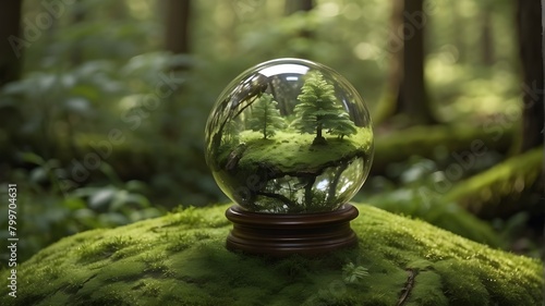 Glass sphere atop a verdant meadow. Glass Globe Amidst Lush Greenery. Tree enclosed within a glass globe, symbolizing environmental harmony. Nature, green ecology, sustainable vegetation. Glass globe,