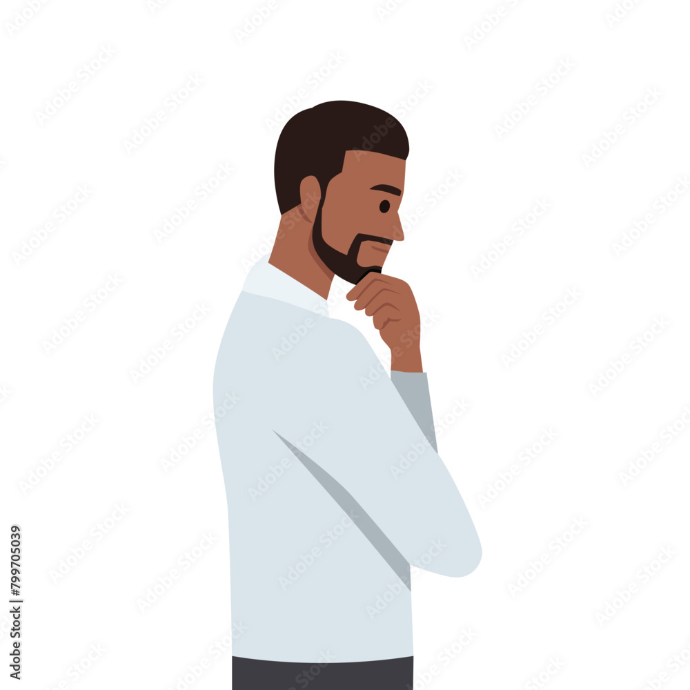 Young Business man standing and thinking. Flat vector illustration isolated on white background