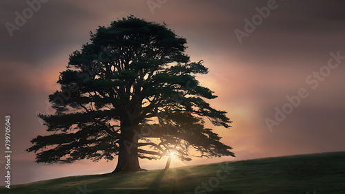 A stunning landscape photograph of a tall  majestic tree standing proudly on a grassy hill. Generative AI