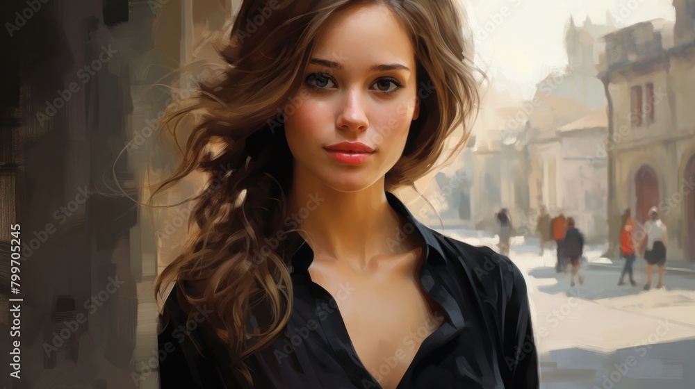 Elegant woman with flowing hair in city street Elegant woman with flowing hair in city street