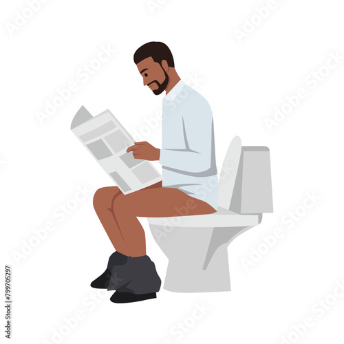 Young businessman sitting on toilet and reading newspaper from side view angle. Flat vector illustration isolated on white background