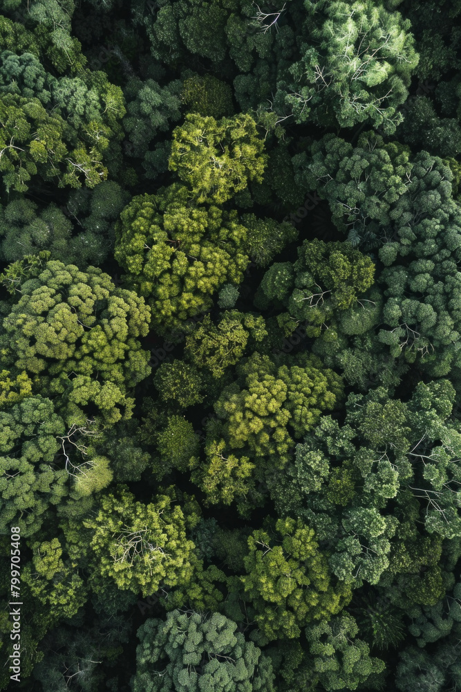 Aerial view of the intricate patterns of a dense forest canopy, with the interlocking branches and foliage forming a mesmerizing minimalist composition