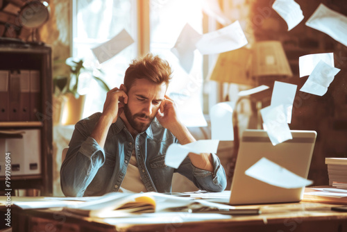 Businessman working and anxiety about document. In the concept of problem, unsuccessful or failure photo