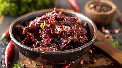 A bowl of crispy sun-dried beef pieces seasoned with aromatic spices, ready to be enjoyed as a delectable snack or crunchy topping for salads and rice dishes.