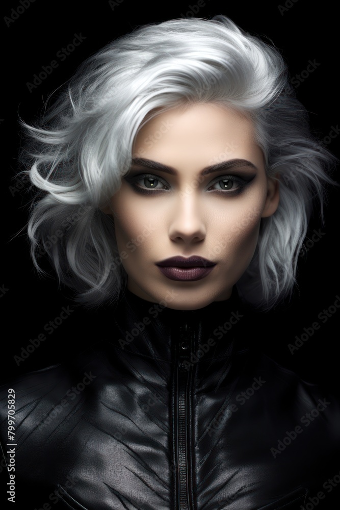 Striking portrait of a woman with dramatic silver hair and makeup