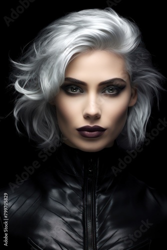 Striking portrait of a woman with dramatic silver hair and makeup