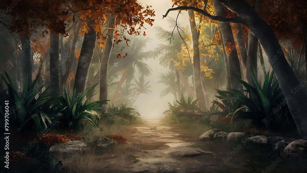 A serene, picturesque image of an autumn forest, with the warm, golden hues of fallen leaves underfoot. Generative AI