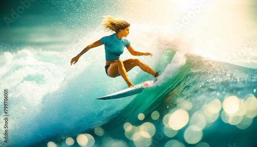 woman surfing with board on the wave © M.studio