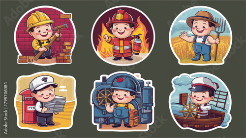 A cartoon illustration of stickers each representing various labor roles