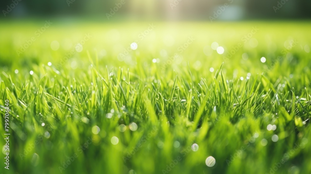Field of green grass with few drops of water on it