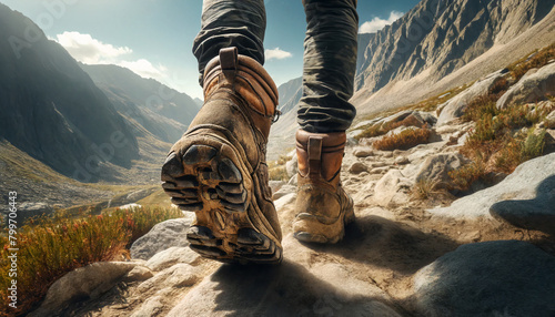 Close up of hiker feet walking outdoors in mountain photo