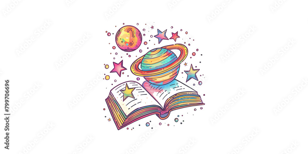 
a cute planet with stars and an open book clipart, organic forms, pastel colours, contour lines, vector illustration, white background