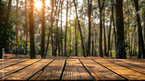Wooden board with a forest in the background created with Generative Ai technology