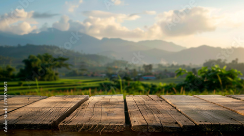Wooden board with a forest in the background created with Generative Ai technology