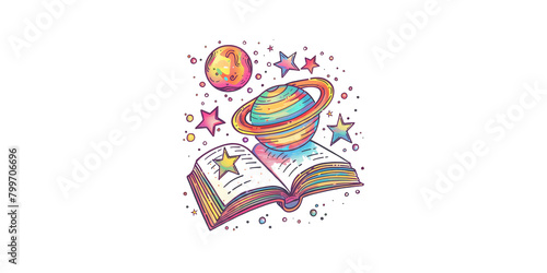  a cute planet with stars and an open book clipart, organic forms, pastel colours, contour lines, vector illustration, white background