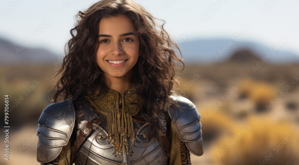 Smiling woman in medieval armor Smiling woman in medieval armor